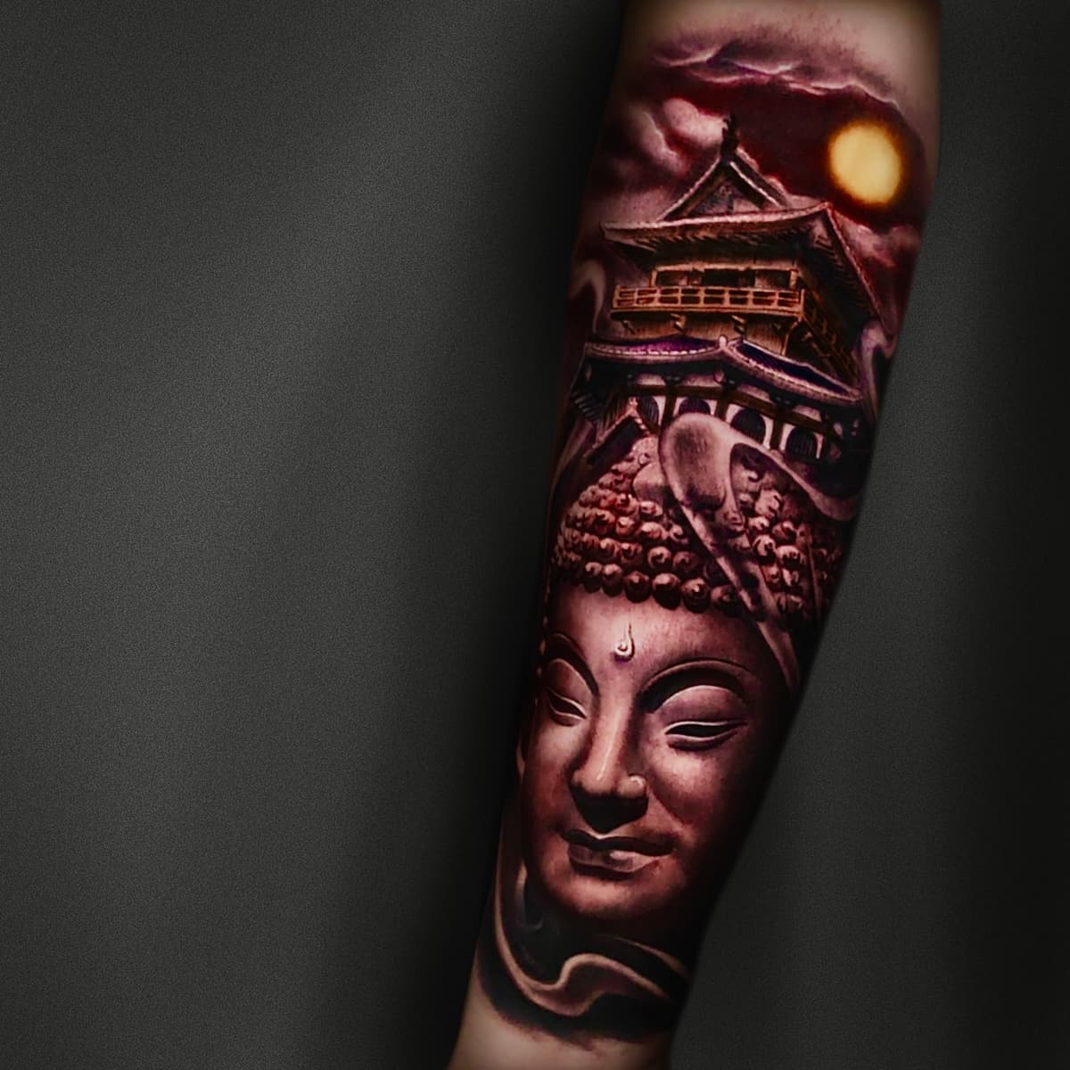 Buddha and Pagoda — Black and Grey / Forearm